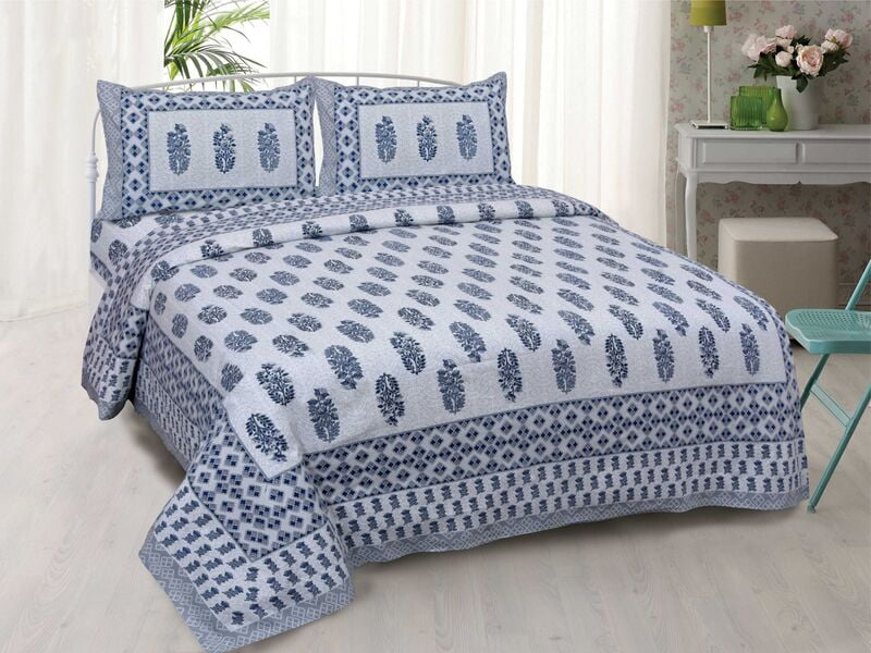 Grey Base Blue Pigment Print Zikzak Floral Border Cotton Double Bedsheet