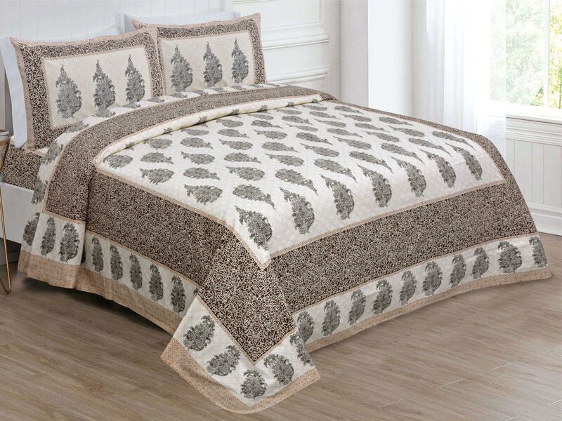Cream Base Long Leafy Print Floral Brown Border Cotton Double Bedsheet
