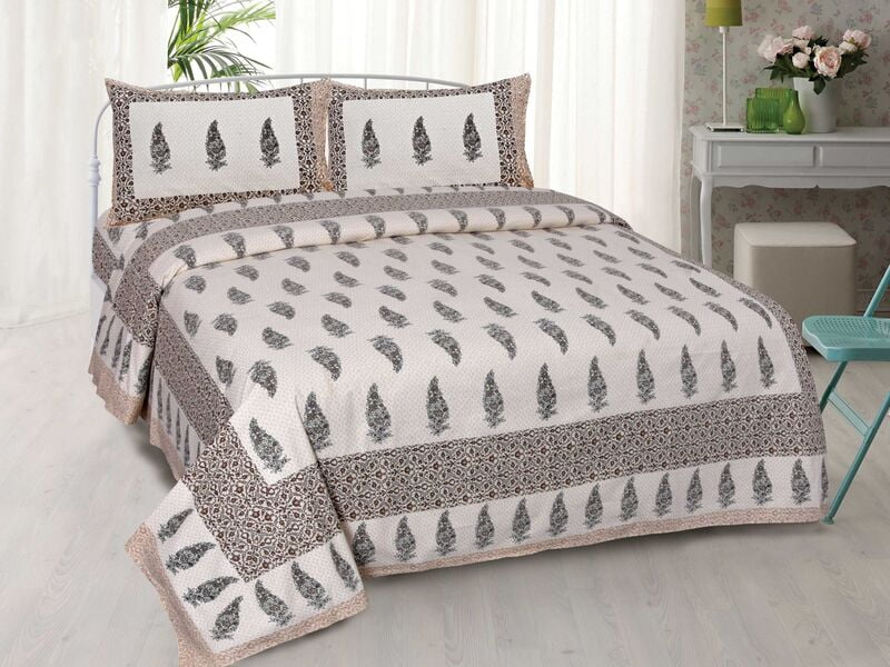 Cream Base Long Leafy Print Border Cotton Double Bedsheet