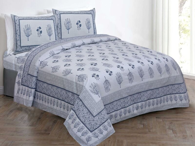 Blue Long Leafy Floral Print Border Cotton Double Bedsheet