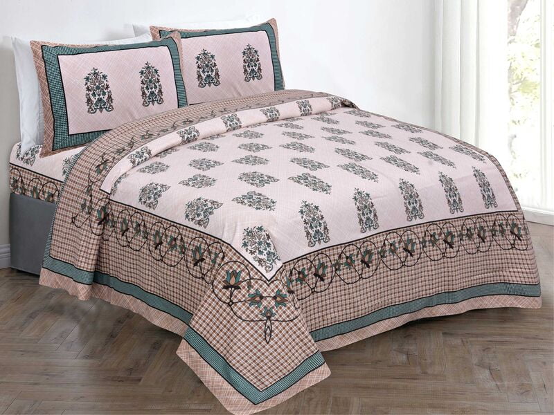 Brown Floral Print Green Brown Check Border Cotton Double Bedsheet