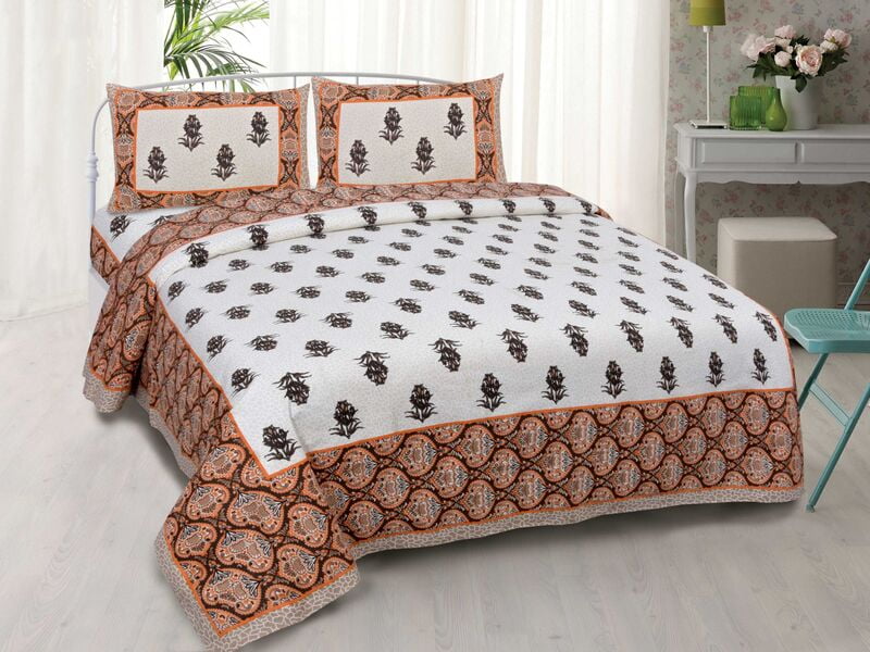 Leafy Print Brown Floral Border Cotton Double Bedsheet
