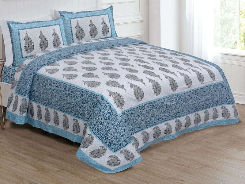 Leafy Print Dark Green Floral Border Cotton Double Bedsheet