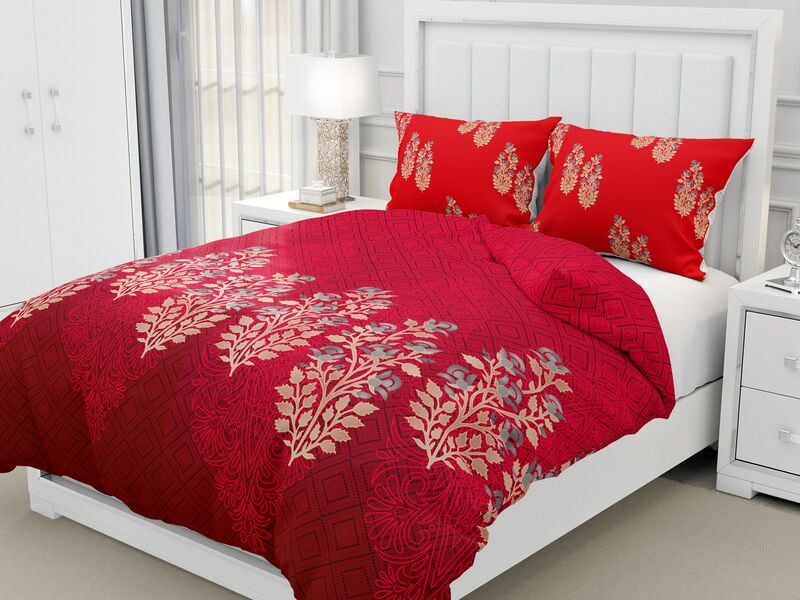 Atrium Floral Print Royal Red Base Cotton Double Bedsheet