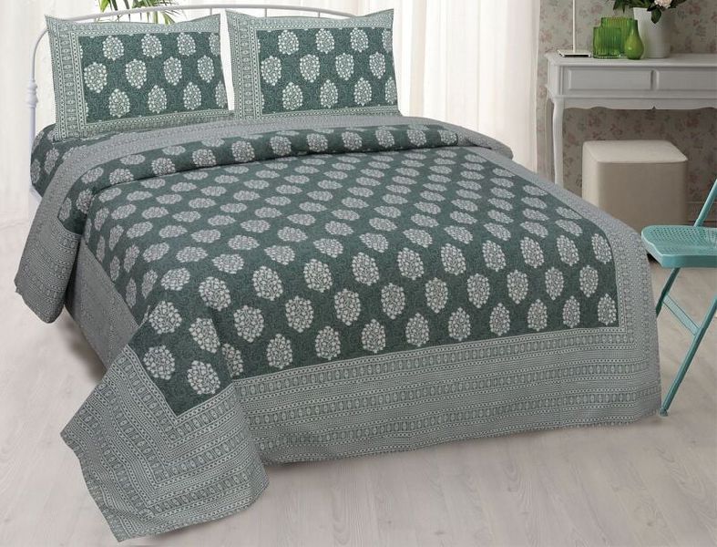 Beautiful Dark Green Floral Pattern Fine Border Jaipuri Cotton Double Bedsheet