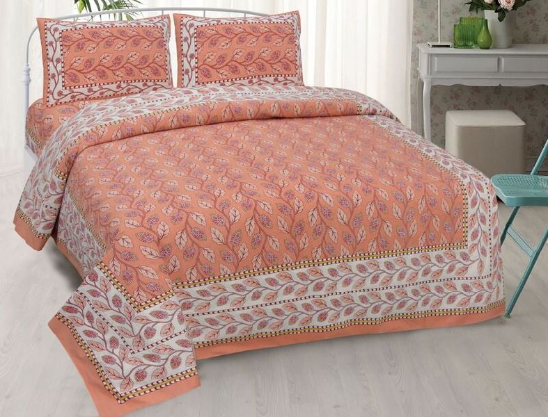 Beautiful Peach Floral Leafy Border Jaipuri Cotton Double Bedsheet