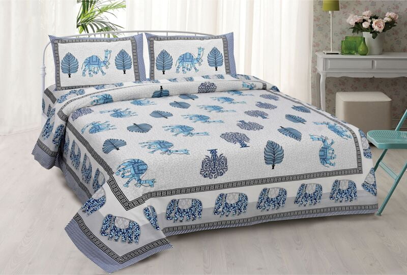 Blue Camel Elephant Floral Print Cotton Double Bedsheet