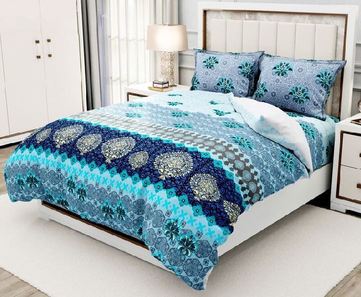 Blue Floral Lining Border Twill Cotton King Size Bedsheet With 2 Stitched Pillow Cover