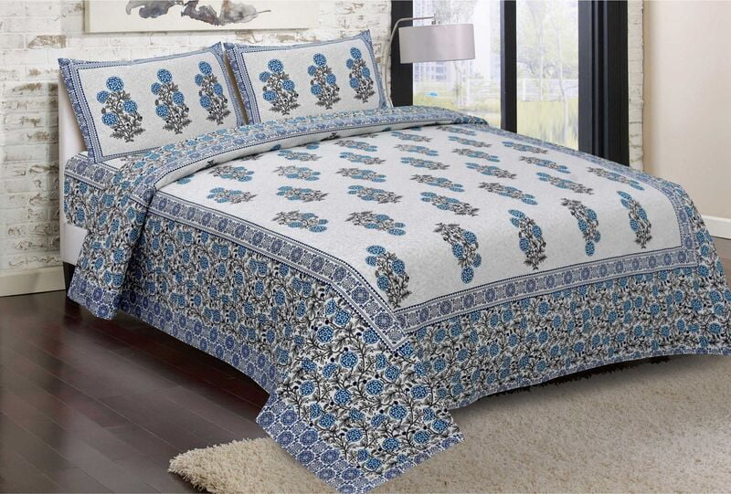 Blue Floral Print Paisley Border Cotton Double Bedsheet