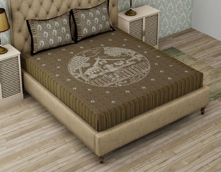 Brown Base Lining Border Print Pure Giza Cotton King Size Bedsheet with 2 Stitched Pillow Cover