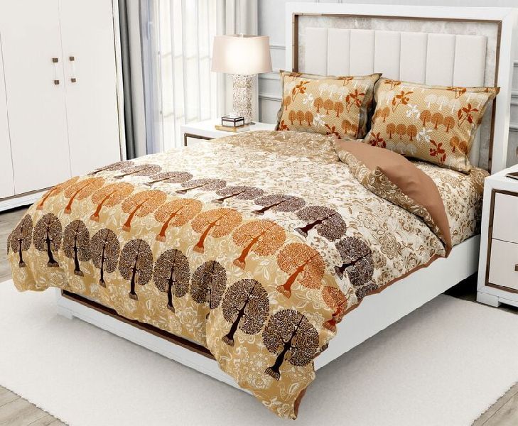 Brown Base Lining Leaf Twill Cotton King Size Bedsheet With 2 Stitched Pillow Cover