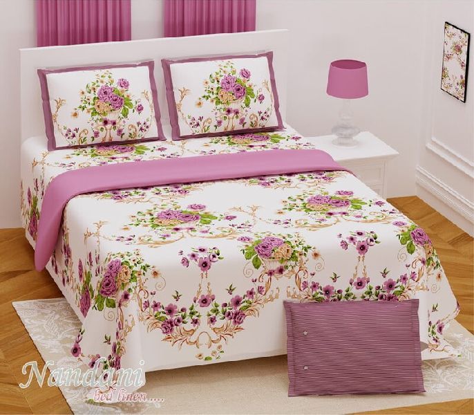 Cream Base Beautiful Floral Print Pure Cotton King Size Bedsheet with 2 Stitched Pillow Cover