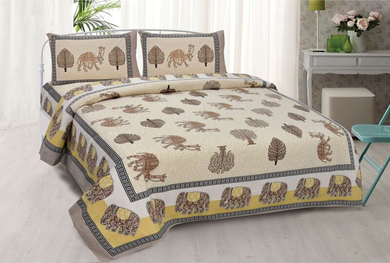 Cream Base Elephant Camel Print Cotton Double Bedsheet