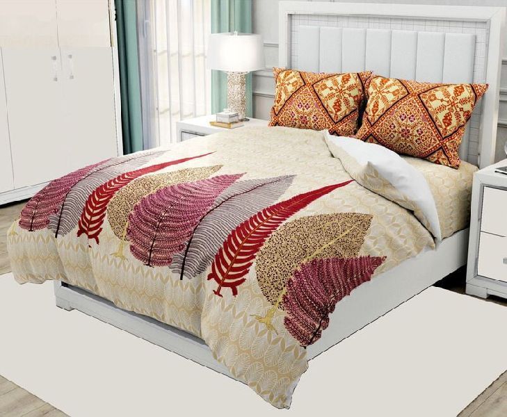 Cream Base Leaf Print Twill Cotton King Size Bedsheet With 2 Stitched Pillow Cover