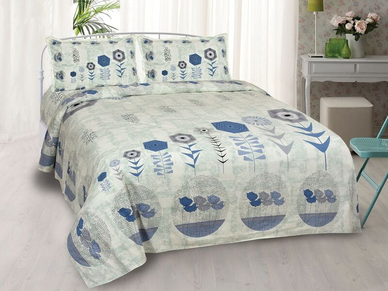 Cream Base Multi Flower Leaf Satin Cotton King Size Bedsheet with 2 Pillow Cover
