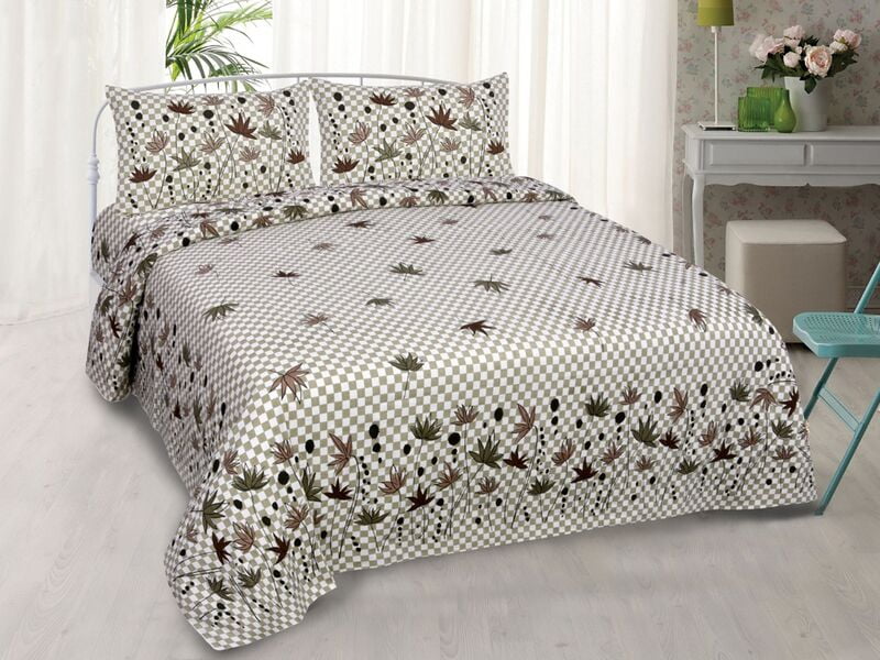 Cream Base Multi Leaf Printed Border Beautiful Bedsheet with 2 Pillow Cover