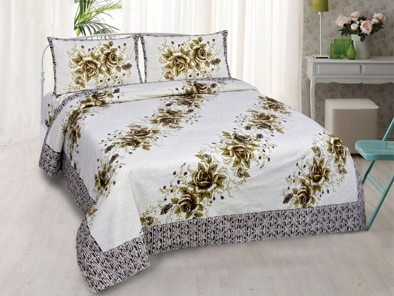 Cream Base Sunflower Printed Border Beautiful Bedsheet with 2 Pillow Cover