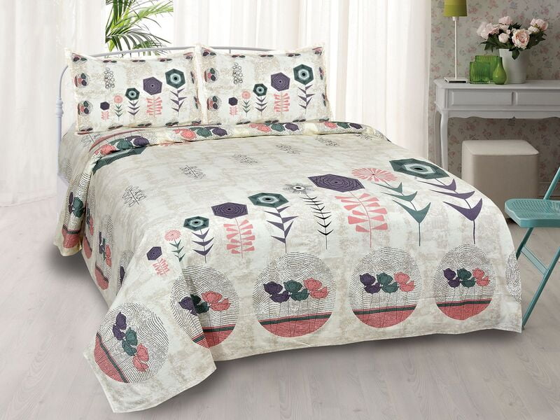 Cream Touch Multi Flower Leaf Satin Cotton King Size Bedsheet with 2 Pillow Cover