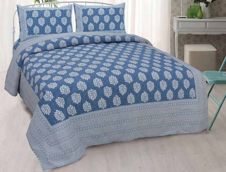 Ethnic Jaipuri Blue Base Design Border Pure Cotton Double Bed Bedsheet with 2 Stitched Pillow Cover