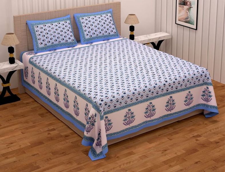 Ethnic Jaipuri Blue Leaf Border Pure Cotton Double Bed Bedsheet with 2 Stitched Pillow Cover