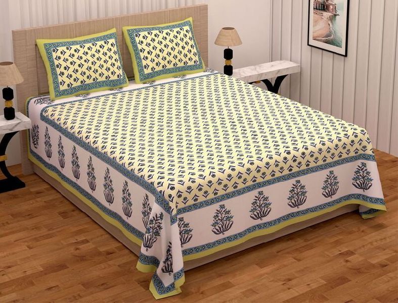 Ethnic Jaipuri Cream Base Leaf Border Pure Cotton Double Bed Bedsheet with 2 Stitched Pillow Cover