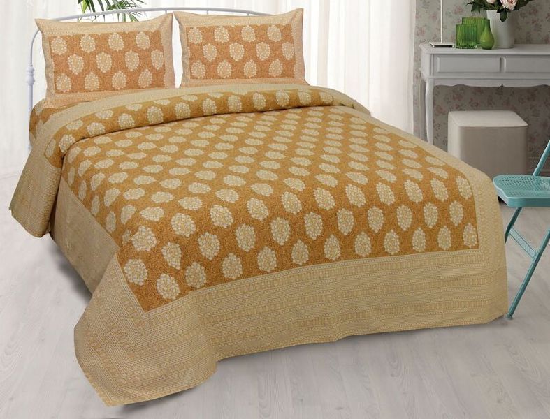 Ethnic Jaipuri Golden Design Border Pure Cotton Double Bed Bedsheet with 2 Stitched Pillow Cover