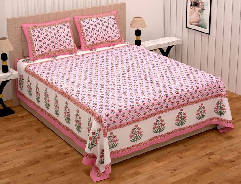 Ethnic Jaipuri Pink Base Border Pure Cotton Double Bed Bedsheet with 2 Stitched Pillow Cover