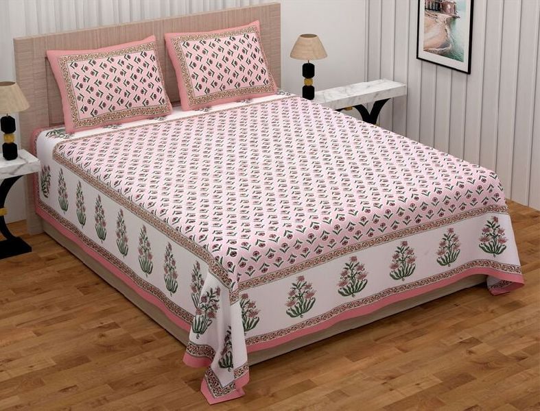Ethnic Jaipuri Pink Base Leaf Border Pure Cotton Double Bed Bedsheet with 2 Stitched Pillow Cover