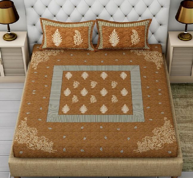 Golden Color Base Leaf Print Pure Giza Cotton King Size Bedsheet with 2 Stitched Pillow Cover