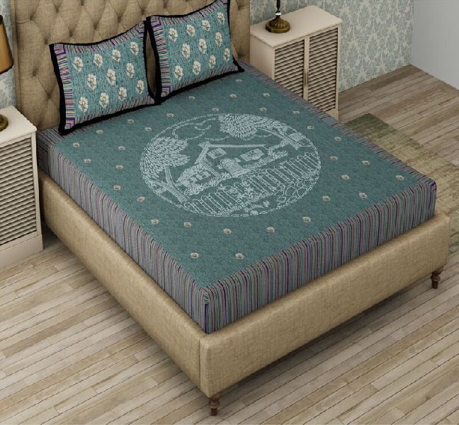 Green Base Lining Print Pure Giza Cotton King Size Bedsheet with 2 Stitched Pillow Cover