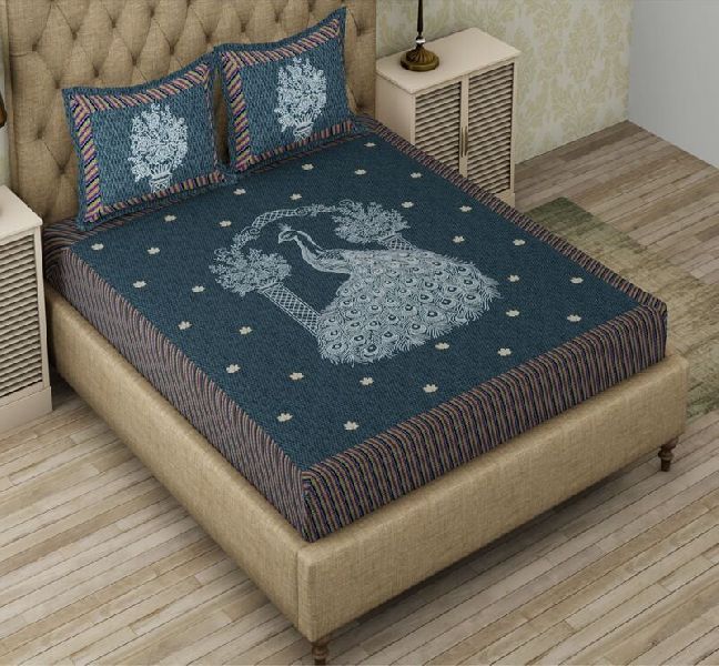 Green Base Peacock Print Pure Giza Cotton King Size Bedsheet with 2 Stitched Pillow Cover