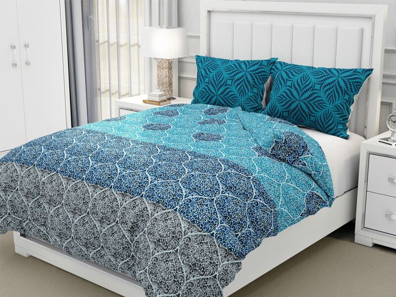 Green Grey Floral Foliage Line Cotton King Size Bedsheet