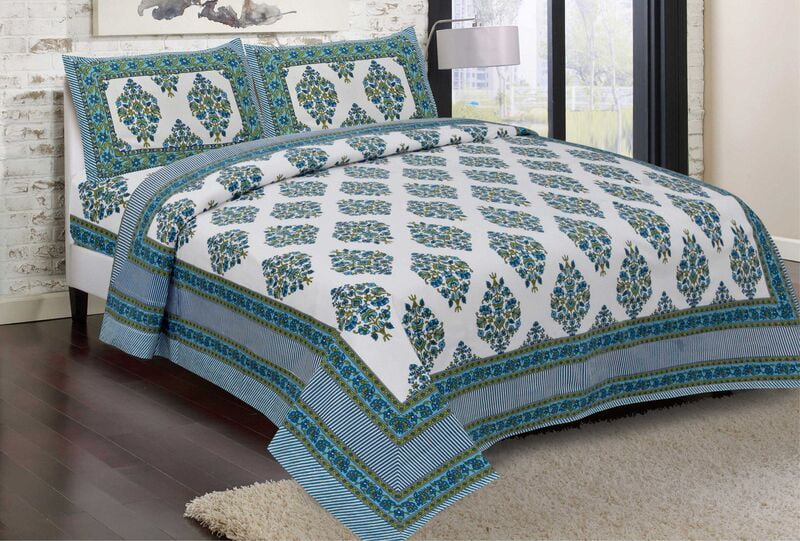 Green Grey Leafy Floral Print Lining Border Cotton Double Bedsheet