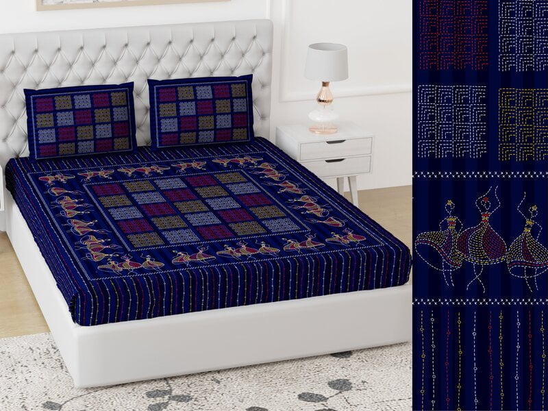 Handmade Blue Base Check Print Cotton King Size Bedsheet with 2 Stitched Pillow Cover