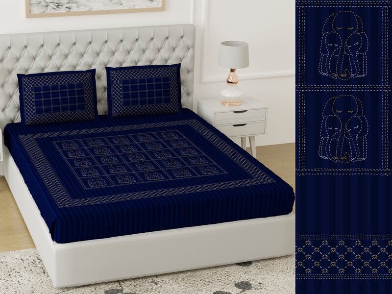 Handmade Blue Base Cotton King Size Bedsheet with 2 Stitched Pillow Cover