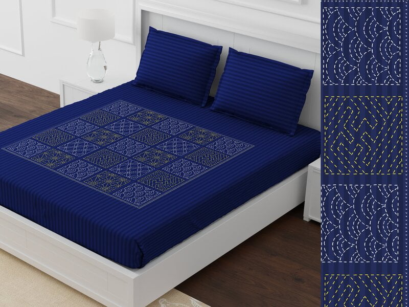 Handmade Blue Square Print Cotton King Size Bedsheet with 2 Stitched Pillow Cover