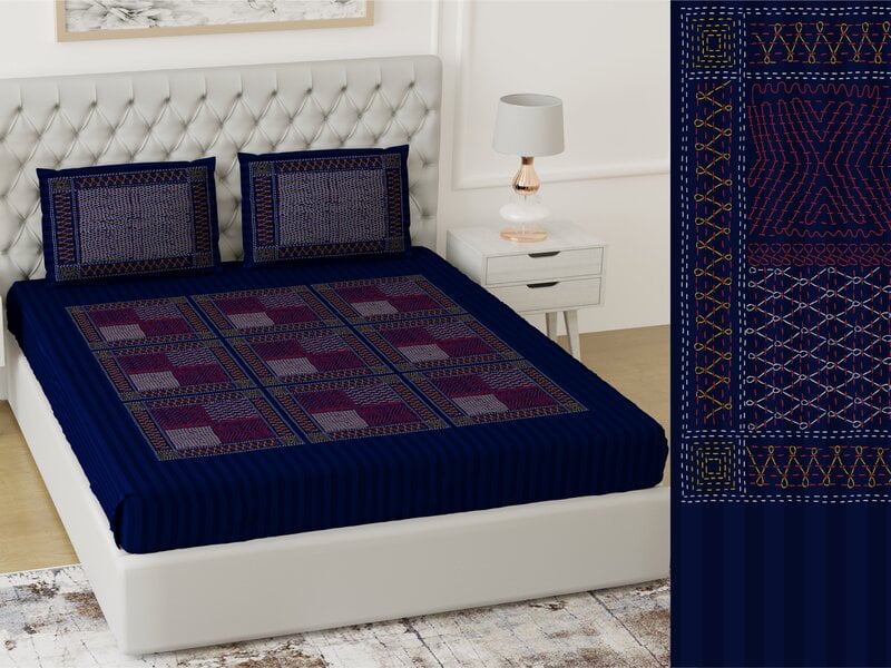 Handmade Dark Blue Cotton King Size Bedsheet with 2 Stitched Pillow Cover