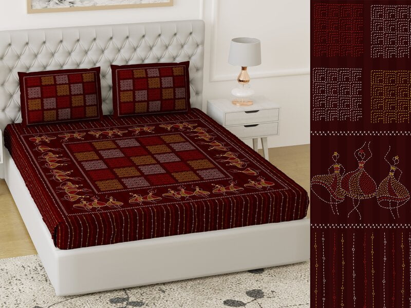 Handmade Maroon Base Check Print Cotton King Size Bedsheet with 2 Stitched Pillow Cover