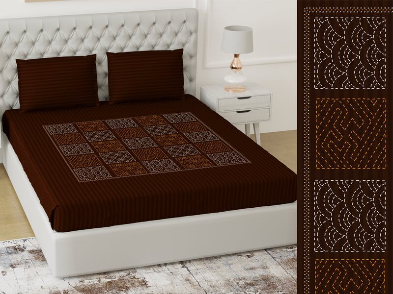 Handmade Red Wine Check Print Cotton King Size Bedsheet with 2 Stitched Pillow Cover