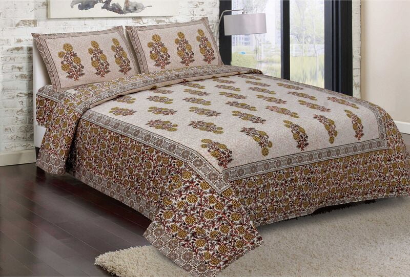 Leafy Floral Print Paisley Border Cotton Double Bedsheet