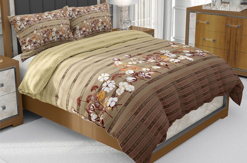 Percale Brown Border Floral Print Beautiful King Size Bedsheet with 2 Stitched Pillow Cover