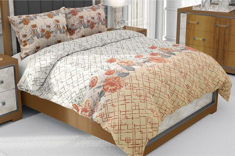 Percale Cream Base Floral Print Beautiful King Size Bedsheet with 2 Stitched Pillow Cover