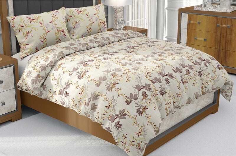 Percale Cream Color Base Floral Print Beautiful King Size Bedsheet with 2 Stitched Pillow Cover