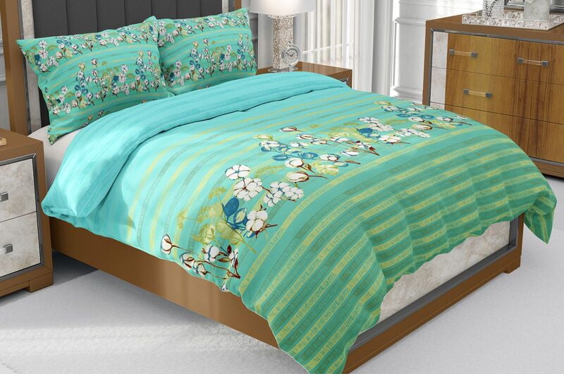 Percale Green Base Floral Print Beautiful King Size Bedsheet with 2 Stitched Pillow Cover