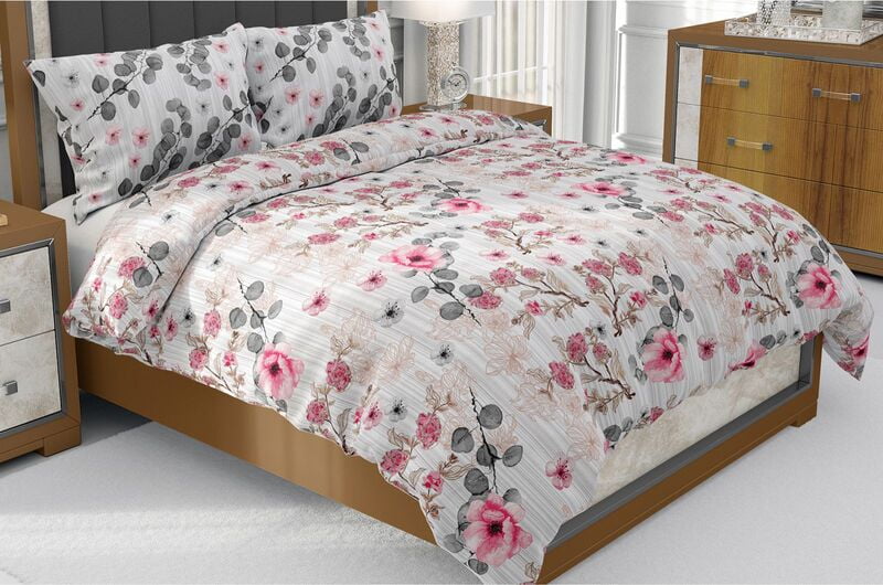 Percale off-White Pink Floral Print Beautiful King Size Bedsheet with 2 Stitched Pillow Cover