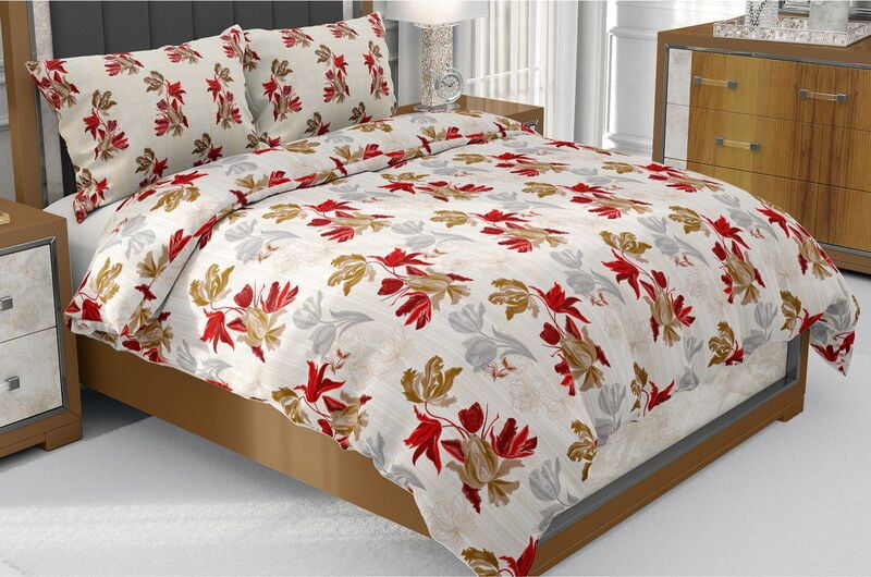 Percale Red Floral Print Beautiful King Size Bedsheet with 2 Stitched Pillow Cover