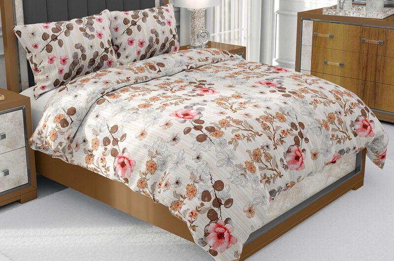 Percale White Pink Floral Print Beautiful King Size Bedsheet with 2 Stitched Pillow Cover