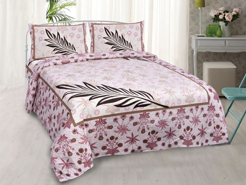 Pink Base Floral Print Border Bedsheet with 2 Pillow Cover