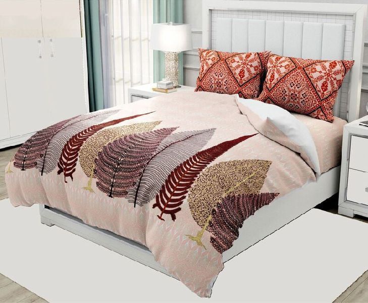 Pink Base Leaf Print Twill Cotton King Size Bedsheet With 2 Stitched Pillow Cover