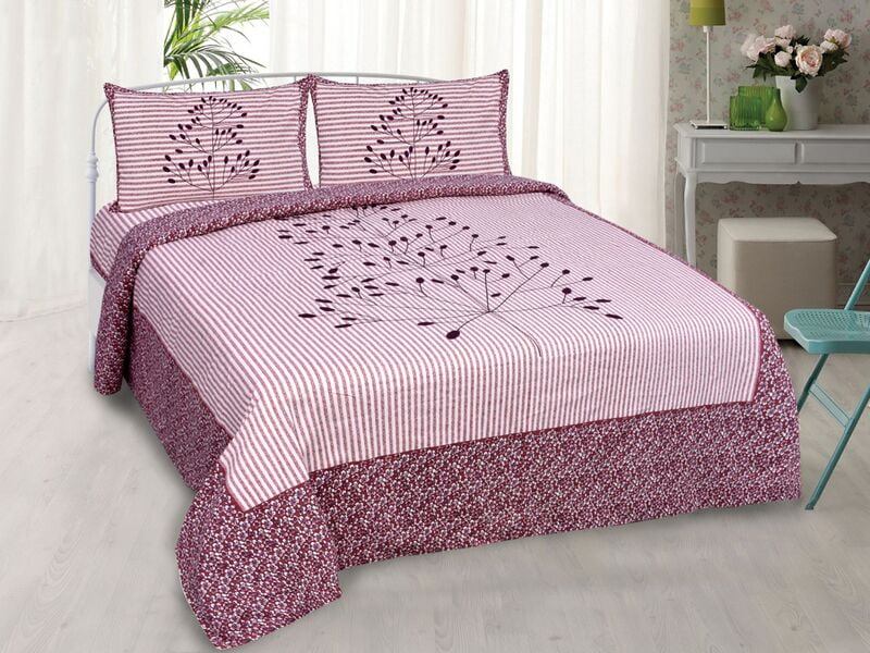 Pink Base Sunflower Maroon Printed Border Beautiful Bedsheet with 2 Pillow Cover
